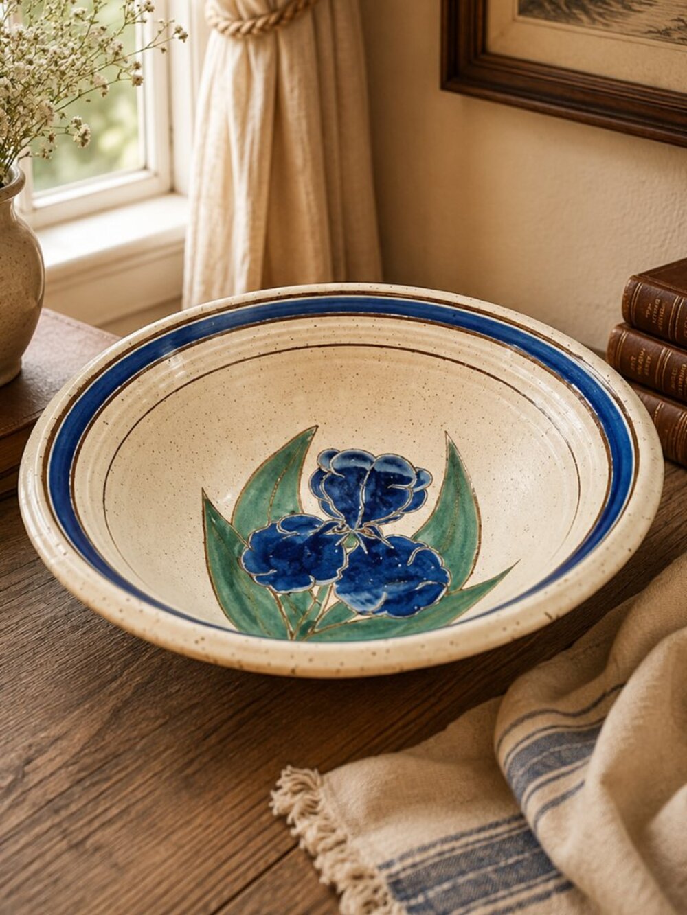 Large Vintage Signed Artisan Studio Pottery Bowl Hand-Painted Blue Iris Design